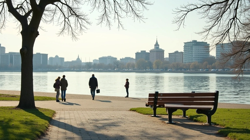 Peaceful riverside embankment with benches and river views