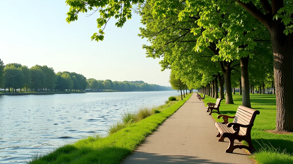 Peaceful riverside walk with green trees and calm Daugava water reflecting the sky