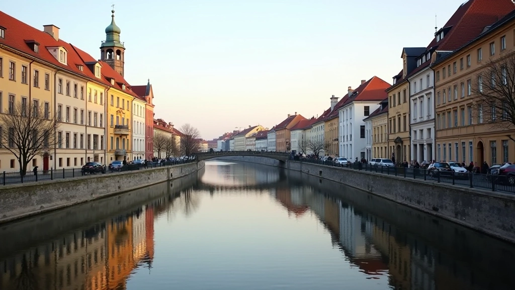 Historic buildings reflected in calm Daugava River water during daytime