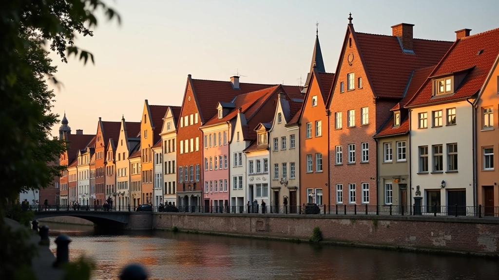 Historic gabled townhouse facades with medieval architecture lining a quiet Riga street
