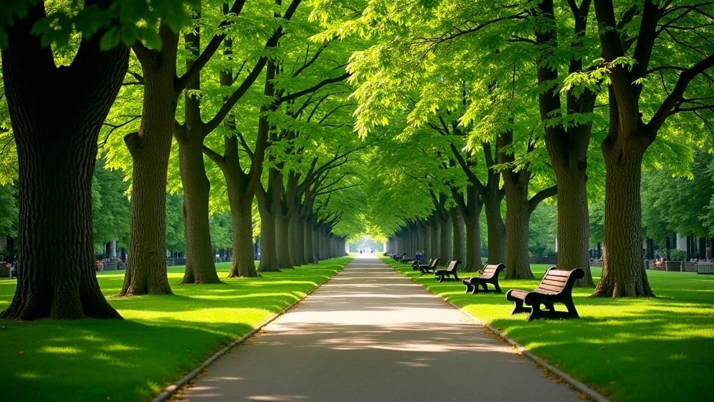 Tree-lined park path with green foliage and peaceful walking route