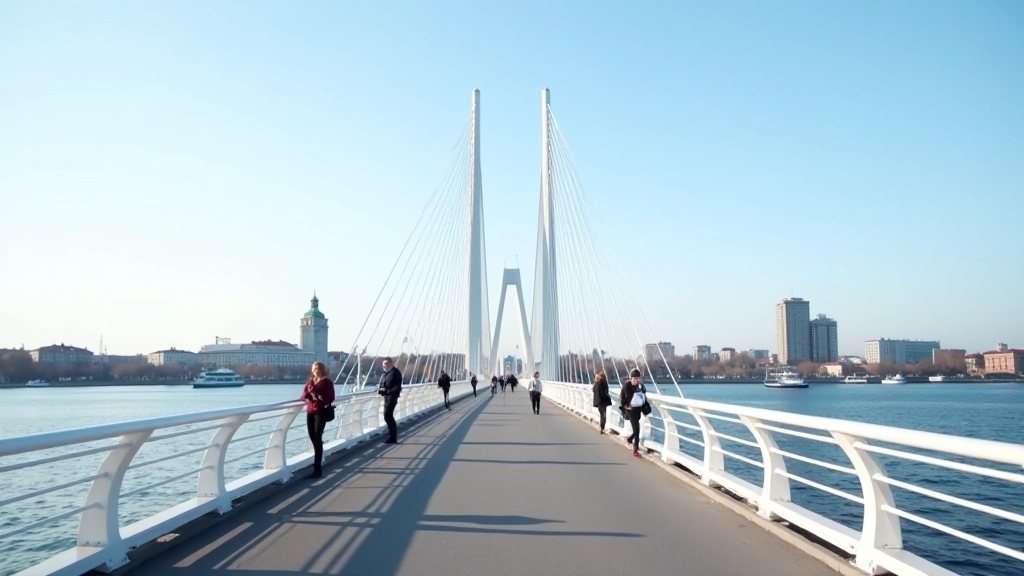 Cable-stayed bridge with distinctive white towers against city skyline and river below