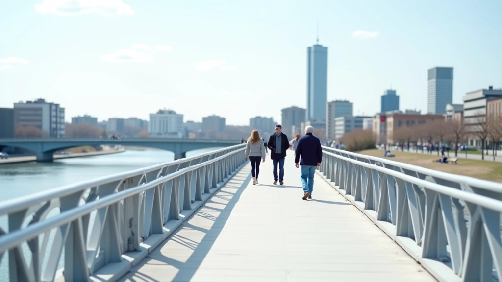 Modern pedestrian bridge with clean geometric railings and city skyline visible