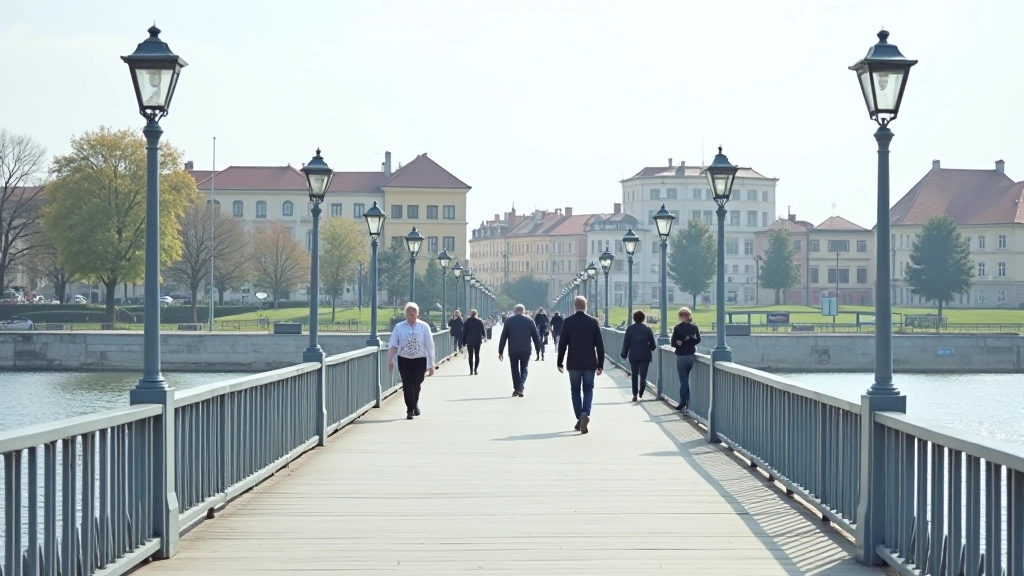 Bridge crossing over Daugava River with pedestrians and architectural details visible