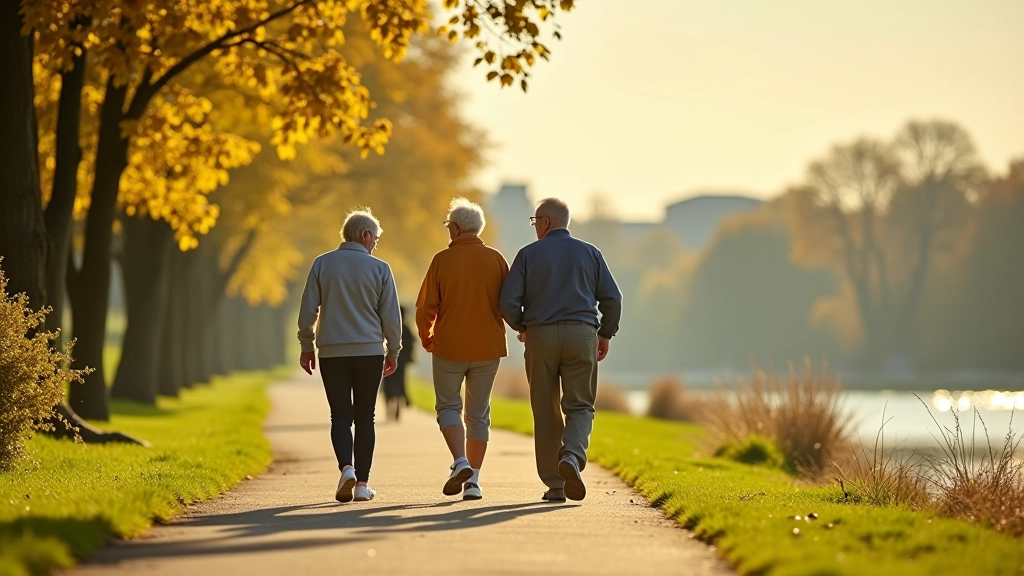 Group of retirees walking together on a peaceful riverside path, enjoying community and outdoor activity