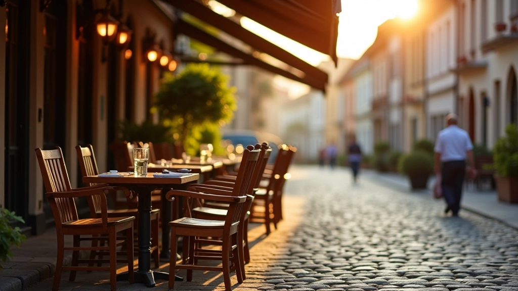 Outdoor café with traditional chairs and tables set on cobblestone street, Riga Old Town dining