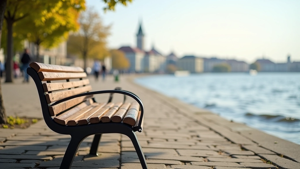Wooden bench on Daugava embankment facing the river with city buildings in the distance and calm water