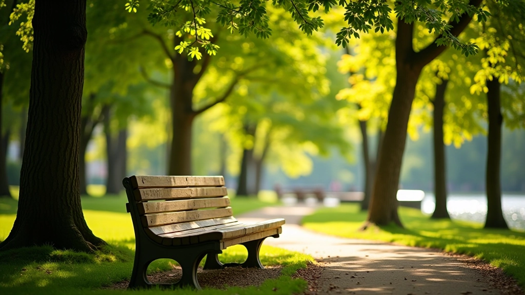 Wooden park bench in dappled sunlight beneath tree canopy, peaceful resting spot